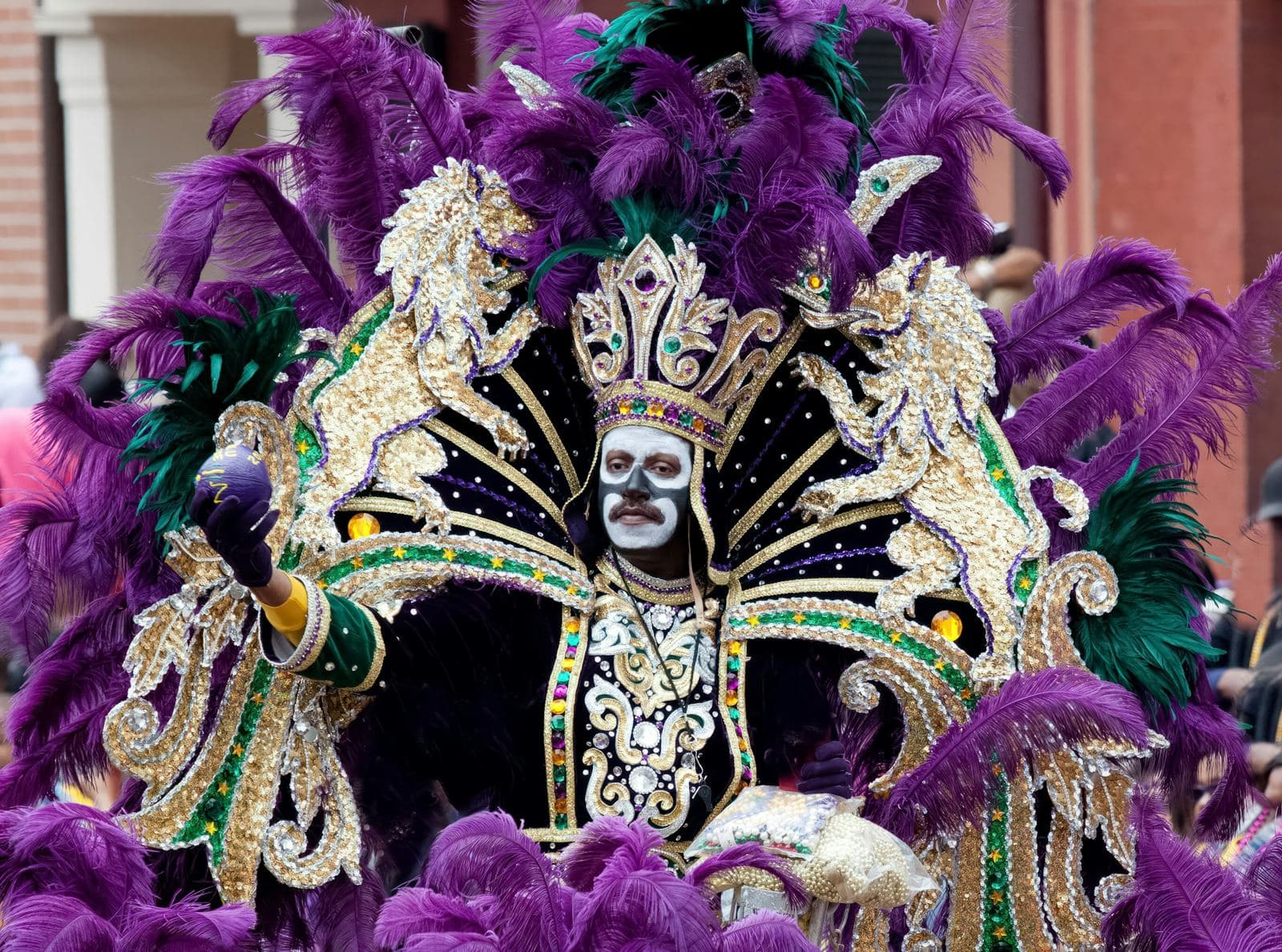 A Mardi Gras king in royal purple and gold regalia during a New Orleans Carnival celebration