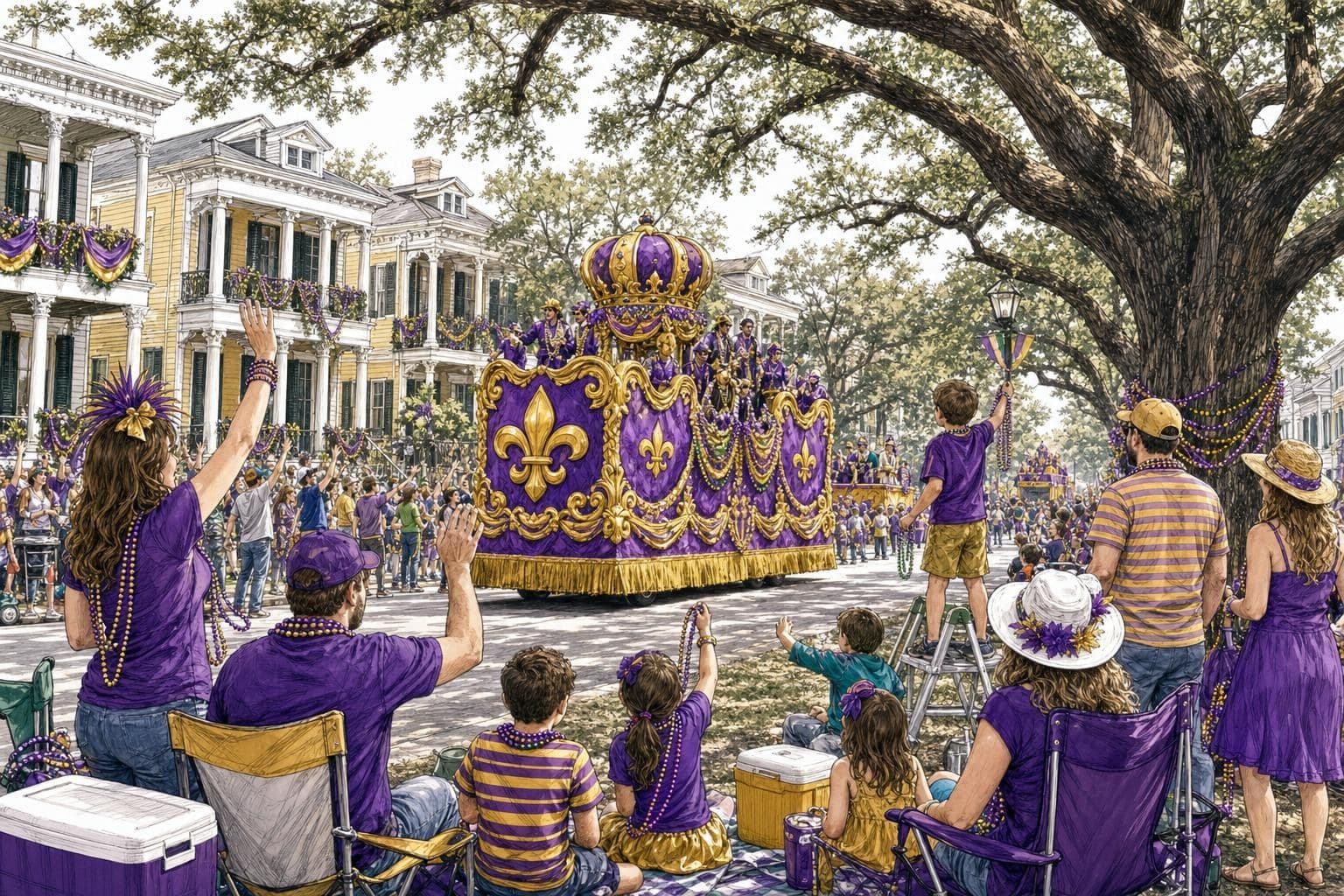 A warm, inviting daytime scene of a Mardi Gras parade rolling down a tree-lined St. Charles Avenue in Uptown New Orleans: historic homes and grand oak canopies, families on the neutral ground with ladders and folding chairs, purple-green-gold beads and decorations, a colorful float in the background. Authentic neighborhood feel, not Bourbon Street. Bright, editorial travel-guide style. Purple (#6b21a8) and gold (#c8a23c) accents.
