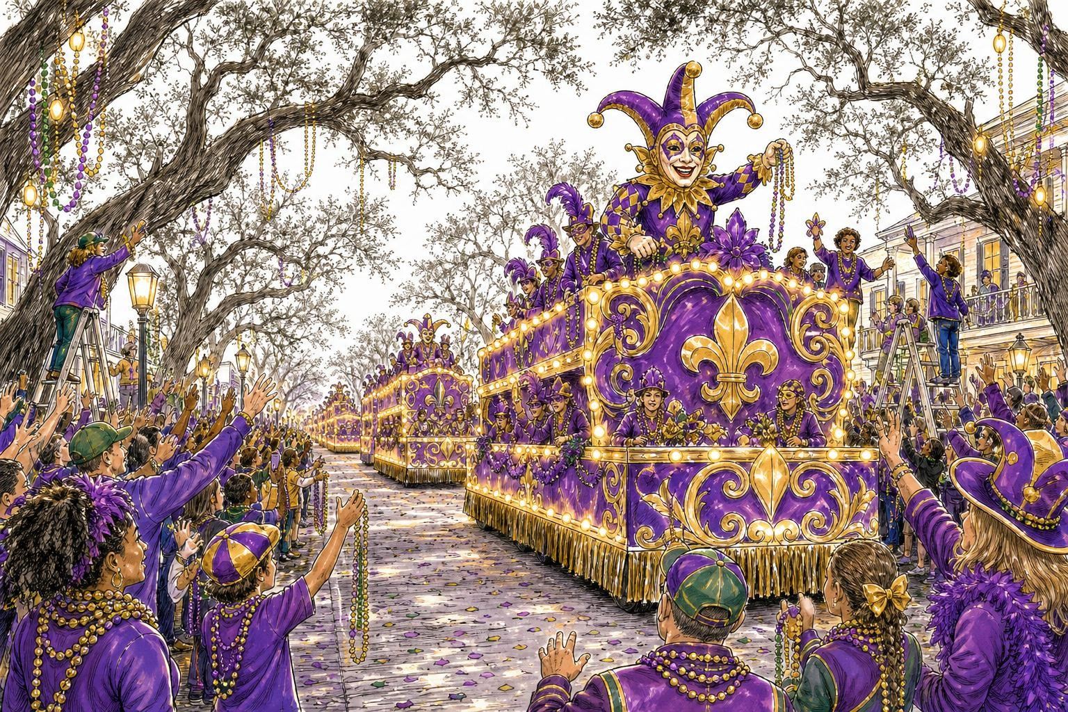 Wide-angle view of a Mardi Gras parade rolling down a tree-lined avenue at dusk, colorful illuminated floats passing beneath a canopy of oak trees, crowds of spectators on both sides with beads and ladders visible
